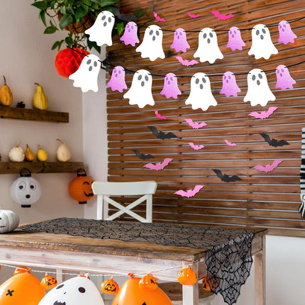 Pink Halloween Decor Set, Ghost Banner, Bat Stickers & 72in Spider Web Table Runner