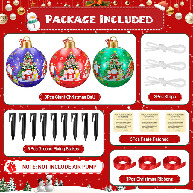 3 Pcs 24" Giant Inflatable Christmas Balls – Large Outdoor Holiday Yard Ornaments