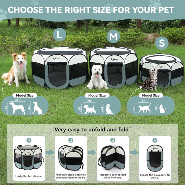 Portable Dog & Cat Playpen with Carrying Case for Small Pets (Grey)