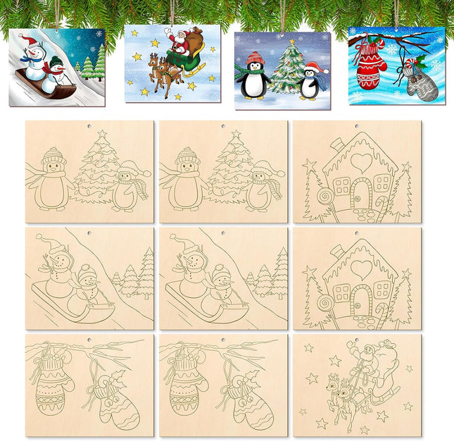 10PCS Large Christmas Wood Crafts – Paintable Ornaments for Kids & Adults