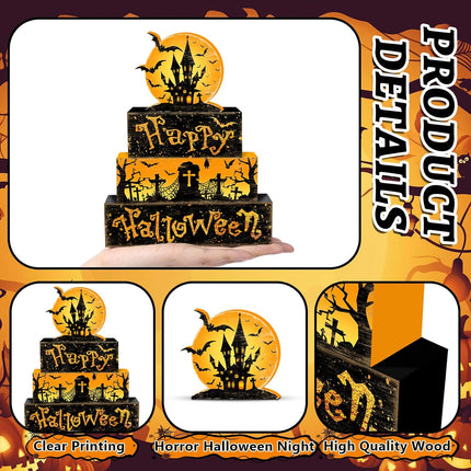 4-Piece Halloween Rustic Tiered Tray Decor Set, Wooden Full Moon Table Signs