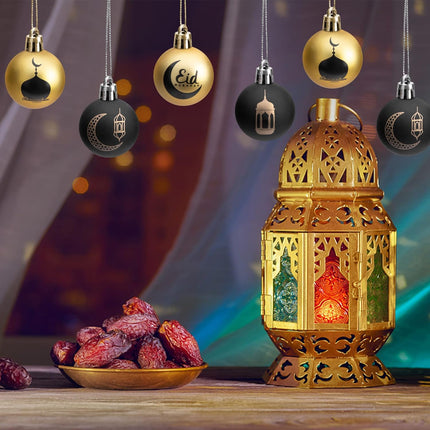 24PCS Black Gold Ramadan Ornament Balls – 1.57” Eid Mubarak Hanging Decor