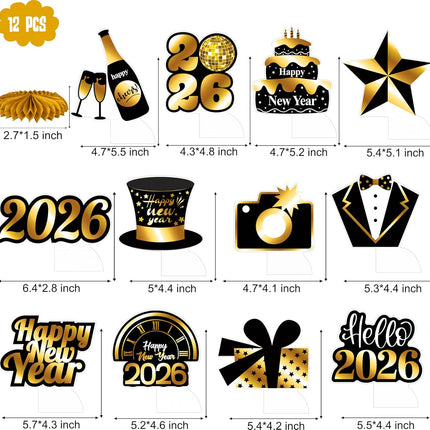 Happy New Year 2026 Table Toppers – Black & Gold Honeycomb Centerpieces