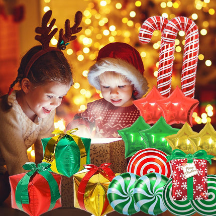 Christmas Mylar Balloons – Candy Cane Swirl, Stocking, Star & Gift Box Decorations