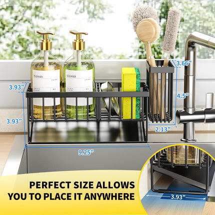 Sink Caddy Sponge Holder with Brush & Stainless Steel Self-Drain Tray for Kitchen