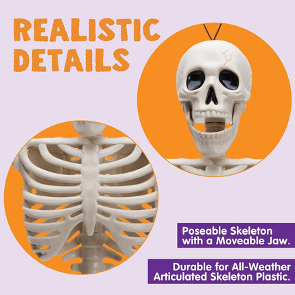 2-Piece 16in Posable Halloween Skeletons, Movable Hanging Graveyard & Yard Decor