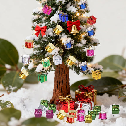 96PCS Mini Christmas Ornaments – Metallic Gift Boxes & Drum Decorations