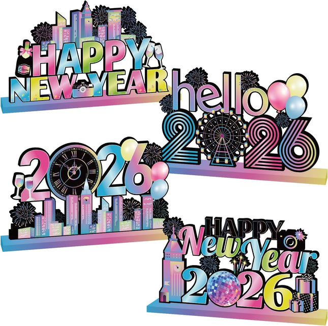 4-Piece 2026 New Year Eve Table Decorations – Colorful Wood Tabletop Set