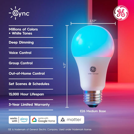 GE Cync A19 Smart LED Light Bulbs 2 Pack, WiFi Bluetooth Colour Changing, Alexa Compatible