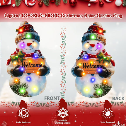 Solar LED Christmas Garden Flag 22x13, Snowman Design, Double-Sided with 8 Modes