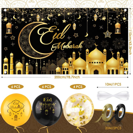 Eid Mubarak Backdrop Banner 6.5×3.6 Ft Black Gold + 16 Balloons