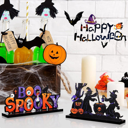 4-Piece Halloween Wooden Table Signs, BOO Trick or Treat Pumpkin Witch Centerpieces