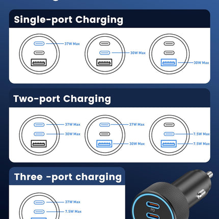 67W USB C Car Charger 3 Port Fast Charging Adapter for iPhone Samsung