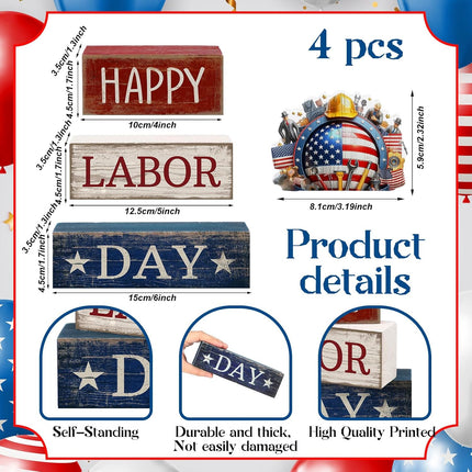 4 Pcs Labor Day Wooden Table Decor Patriotic Worker Block Centerpieces