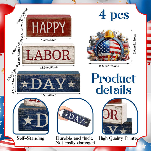 4 Pcs Labor Day Wooden Table Decor Patriotic Worker Block Centerpieces