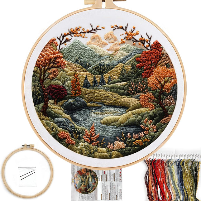 Boho Landscape Embroidery Kit for Beginners, Floral Hills Pattern with 8-Inch Hoop