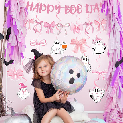 12-Piece Pink Halloween Birthday Decorations, Boo Day Bow Ghost Banner & Swirls