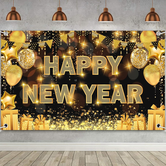 Happy New Year 2026 Backdrop – 71×44in Black & Gold Party Banner