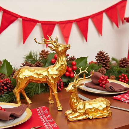 2PCS Golden Facets Reindeer Figurines Small Indoor Christmas Decor