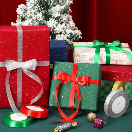 4 Rolls Christmas Ribbons – 100 Yards Metallic Glitter Satin Ribbons 10mm