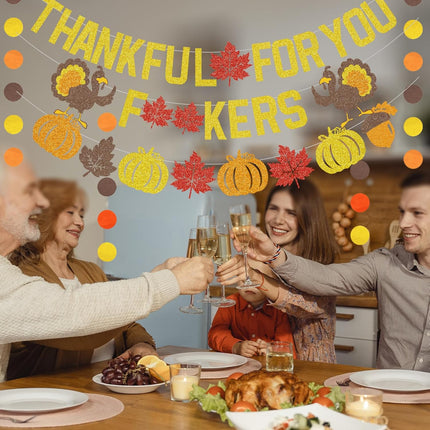 Thankful for You Banner, Gold Glitter Friendsgiving & Thanksgiving Party Decor