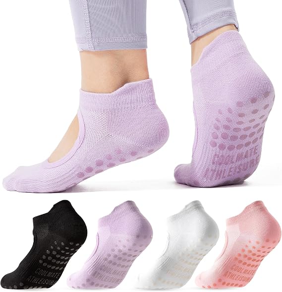 Pilates Socks with Grips for Women Non-Slip Yoga Socks Arch Support Cotton Blend