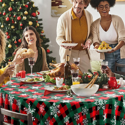 3pcs Buffalo Plaid Christmas Tablecloths – Red/Green Snowflake Round Covers 84"