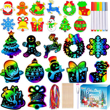 36PCS Christmas Crafts Scratch Art – Rainbow Paper Ornaments for Kids
