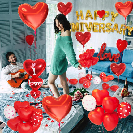 Happy Anniversary Decorations Set with Red Heart Balloons Banner Rose Petals