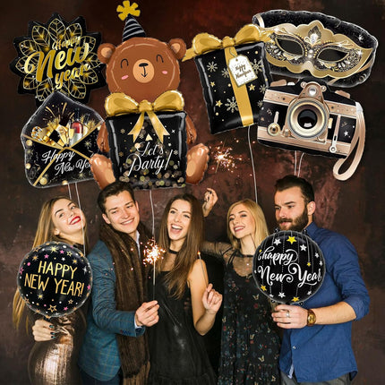 8-Piece NYE Party Balloons – Happy New Year 2026 Large Foil Decorations