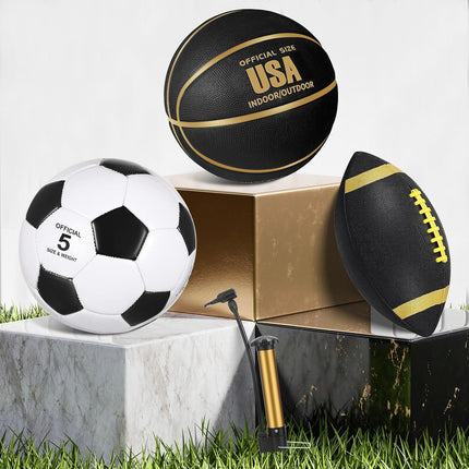 3 Piece Sports Ball Set, Size 7 Basketball, Size 5 Soccer Ball, Size 9 Football