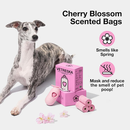 Dog Poop Bag Dispenser with Cherry Blossom Scented Bags – Leak-Proof, 105 Bags, Pink