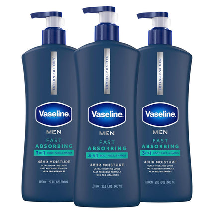 3-Pack Men's 3-in-1 Hand Body Face Lotion 20.3oz, Fast Absorbing 48HR Moisture