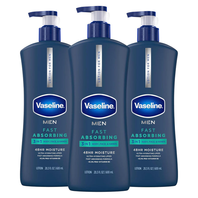 3-Pack Men's 3-in-1 Hand Body Face Lotion 20.3oz, Fast Absorbing 48HR Moisture