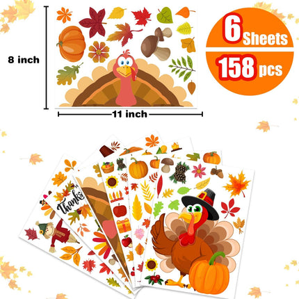 158pcs Turkey Fall Window Clings, Thanksgiving Decorations for Home & Office