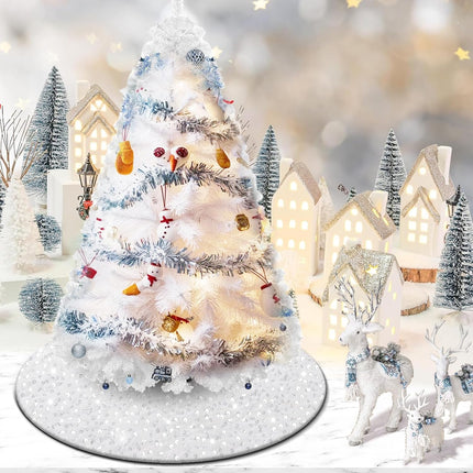 24" White Velvet Mini Tree Skirt – Glitter Sequin Small Tabletop Christmas Decor