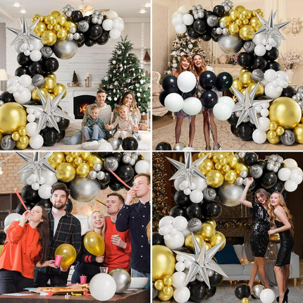 New Year 2026 Balloon Arch Kit Black Gold Silver White Star Party Decorations