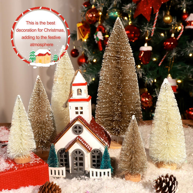 6PCS Mini Christmas Trees – Small Bottle Brush Trees with Wooden Base, Artificial Holiday Decor