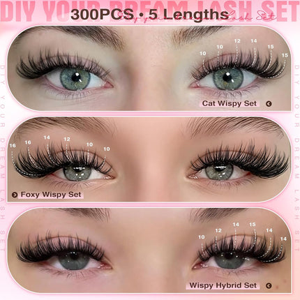 300pcs Wispy Lash Clusters – DIY Natural Eyelash Extension Kit, 10-16mm