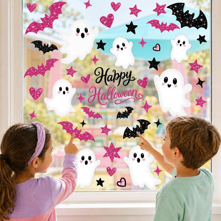 9-Sheet Pink Halloween Window Clings, Cute Ghost Pastel Glass Decals for Kids
