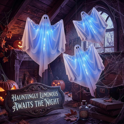 47in Light-Up Hanging Ghost Halloween Decor with LED Lights, Timer for Yard