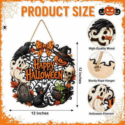 Halloween Wooden Black Cat Pumpkin Wreath, Happy Halloween Front Door & Porch Decor