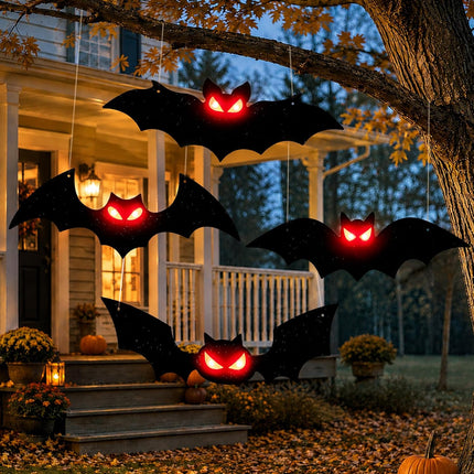 4-Piece Lighted Halloween Hanging Bats, Red Glow Eyes, Waterproof Indoor Outdoor Decor