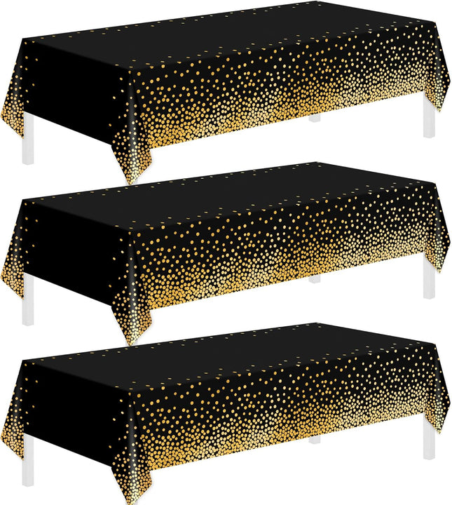 3 Pack Black Gold Dot Tablecloths 54x108 – Disposable Party Covers
