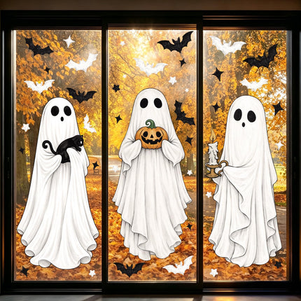 3-Sheet Large Halloween Window Clings, Ghost Bat Black Cat Pumpkin Glass Decals