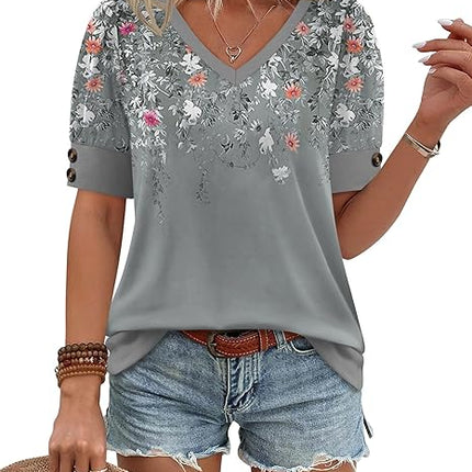 Women’s Short Sleeve Button V Neck Tops Spring Summer Dressy Casual Blouses Plus Size