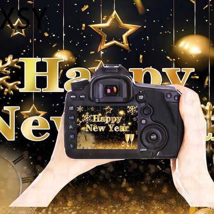 Happy New Year Eve Party Backdrop – Black & Gold Photo Booth Decoration