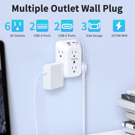 3-Sided 6-Outlet Extender with 4 USB Ports (2 USB-C), Surge Protector, White
