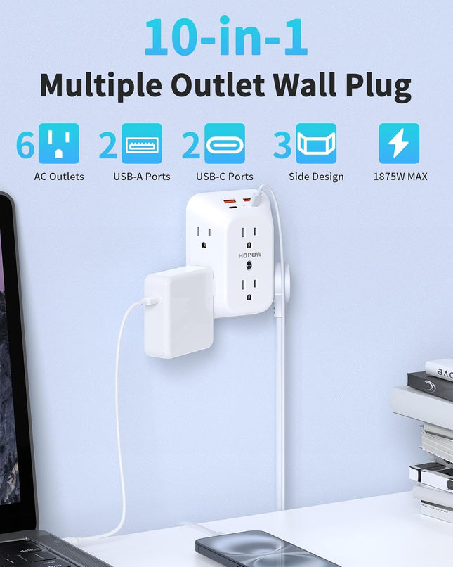 3-Sided 6-Outlet Extender with 4 USB Ports (2 USB-C), Surge Protector, White