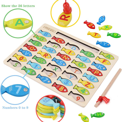 Magnetic Wooden Fishing Game Toy, Alphabet & Number Learning for Kids 3–5